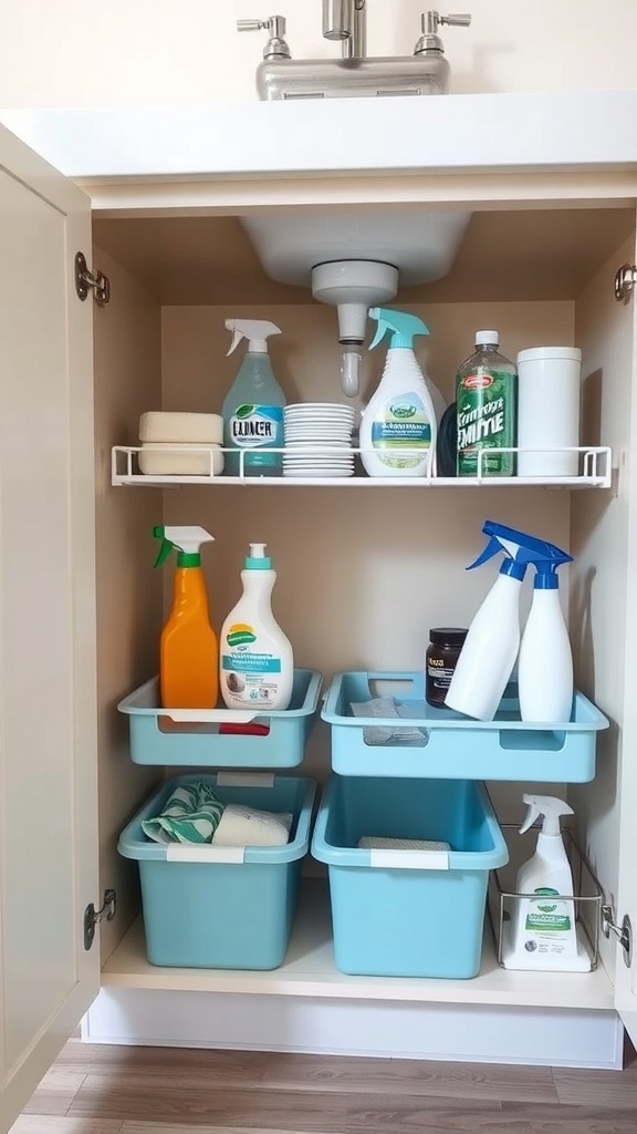 Organized under-sink storage with colorful bins and cleaning supplies.