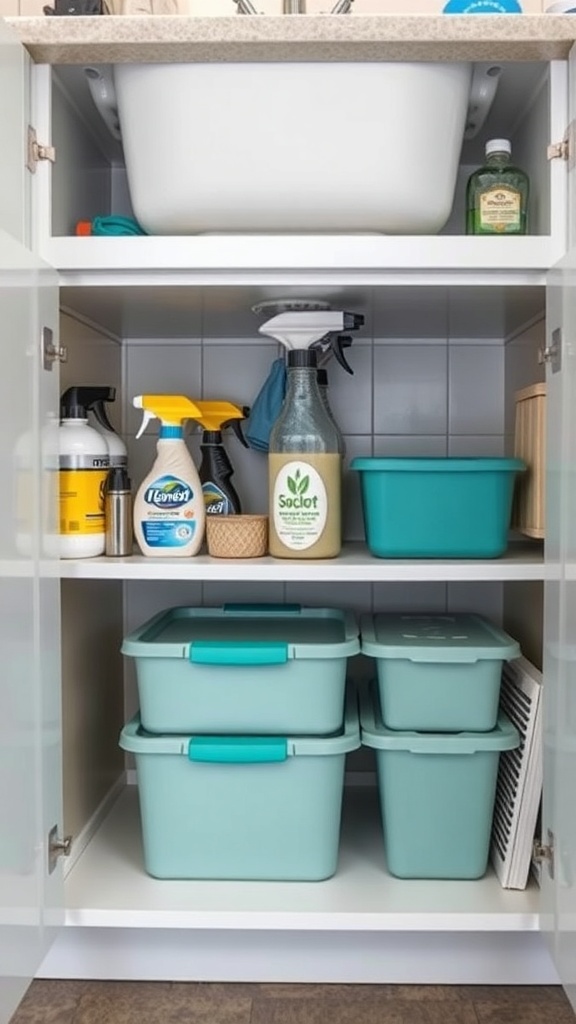 Organized under-sink storage with cleaning supplies and stackable bins.
