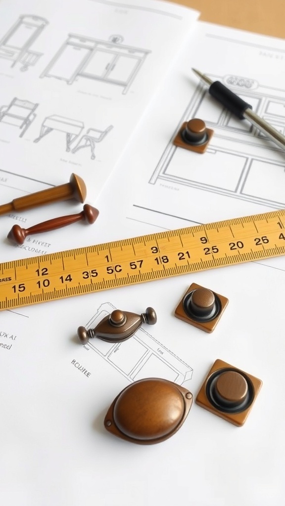 A collection of drawer pulls and a ruler on design sketches.