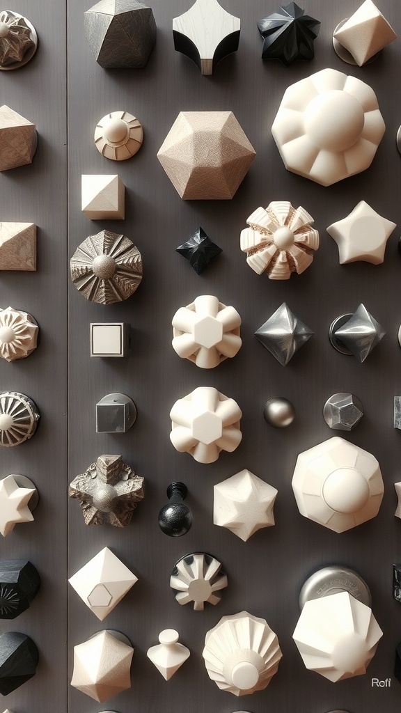 A variety of uniquely shaped drawer knobs displayed on a wall.