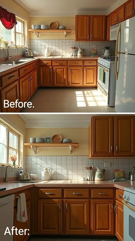 Before and after images of a kitchen showcasing updated cabinet handles and pulls.