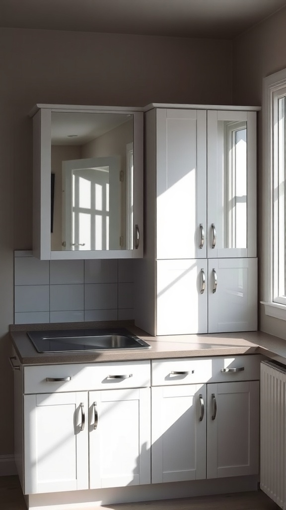 A small kitchen with white cabinets and a mirror reflecting light.