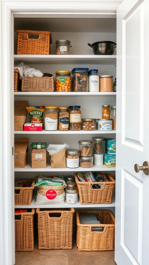 A well-organized pantry with baskets grouping similar items together.