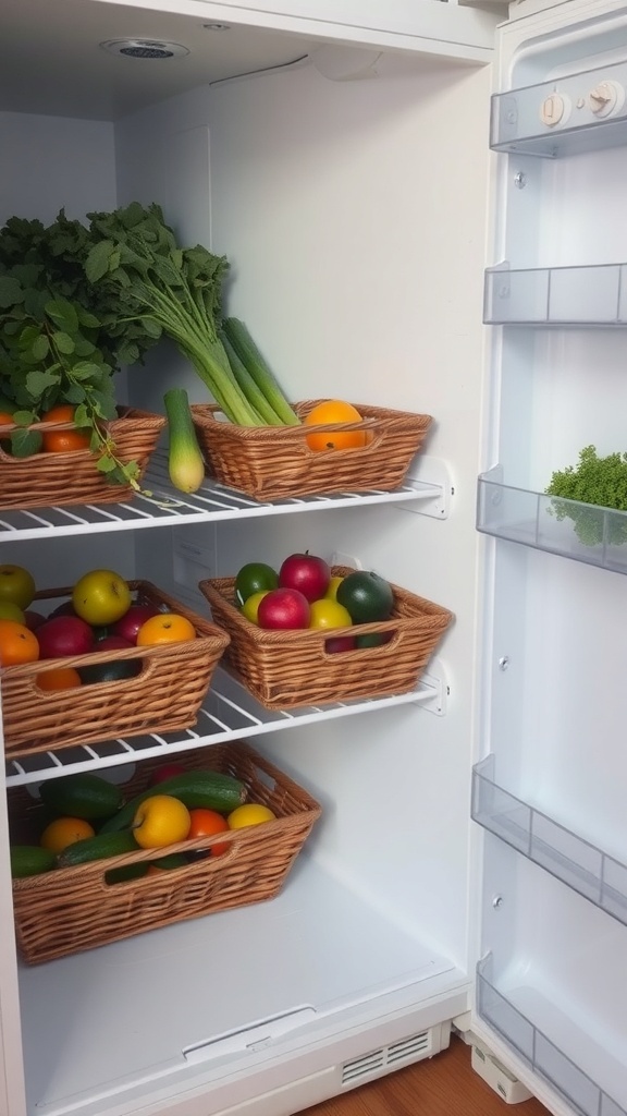 A small fridge organized with baskets holding various fruits and vegetables.