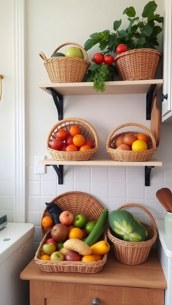 A collection of woven baskets filled with fruits and vegetables on kitchen shelves.