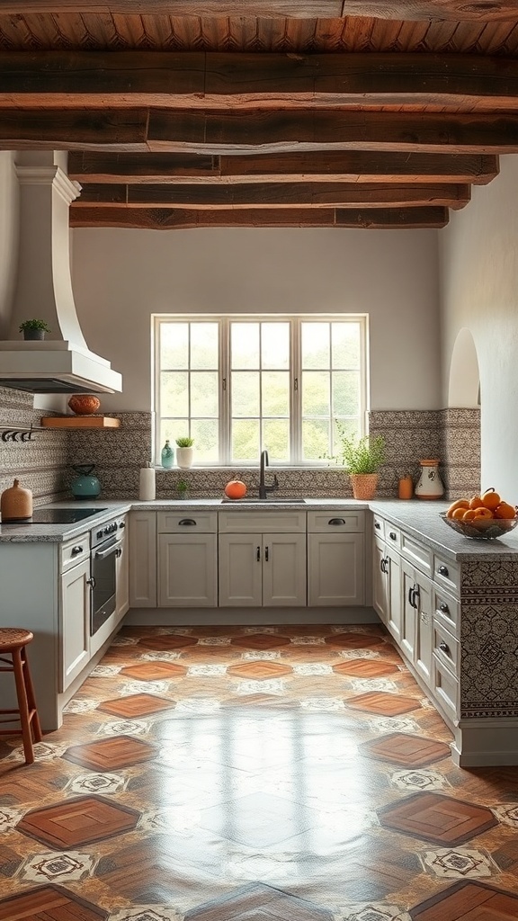 Open kitchen with bold patterned tiles and wooden beams.