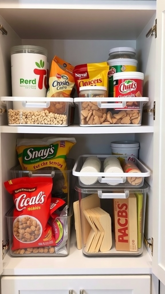 Organized kitchen cabinet with clear bins holding snacks and cooking supplies.