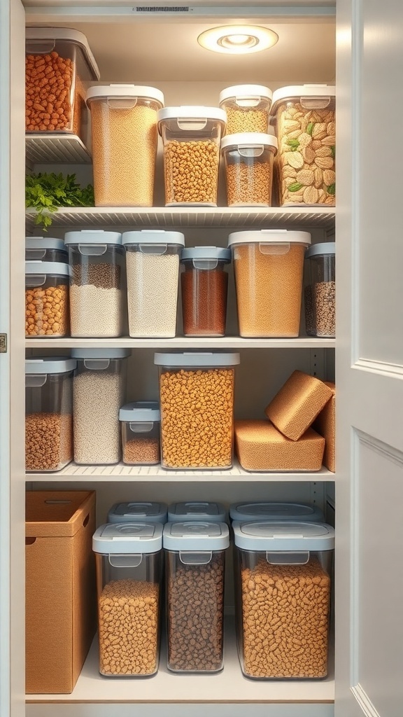A well-organized kitchen pantry with clear containers filled with various bulk foods.