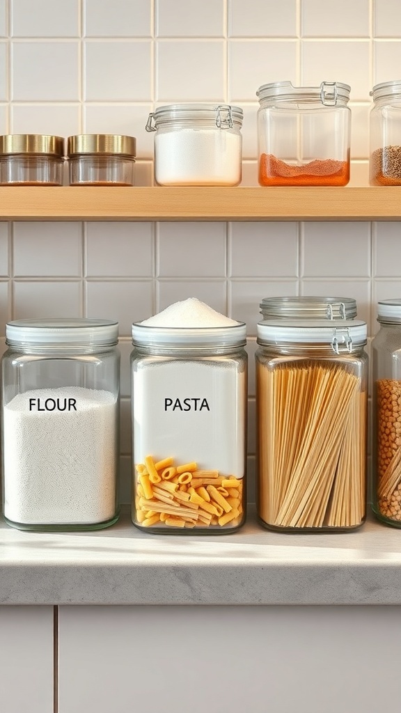 Clear containers filled with flour, pasta, and spices on a kitchen counter.