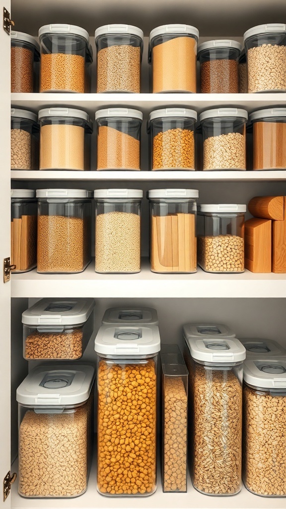 Organized kitchen shelves with clear food storage containers