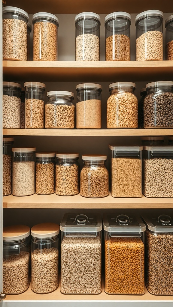 Organized pantry with clear containers filled with various grains and legumes.