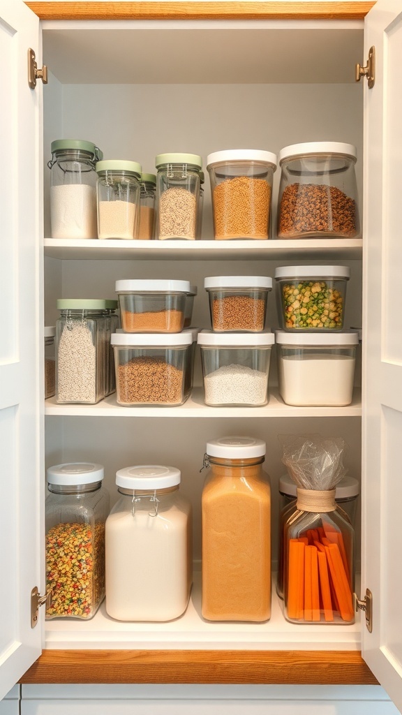 A neatly organized kitchen cabinet with clear containers filled with various ingredients.