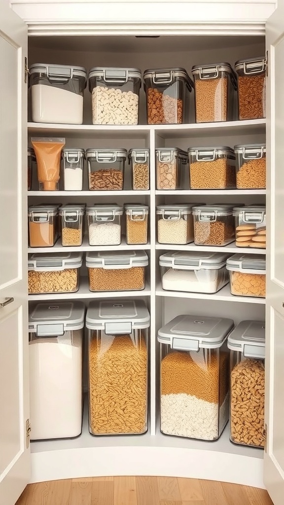 A well-organized corner kitchen pantry with clear containers holding various dry goods.