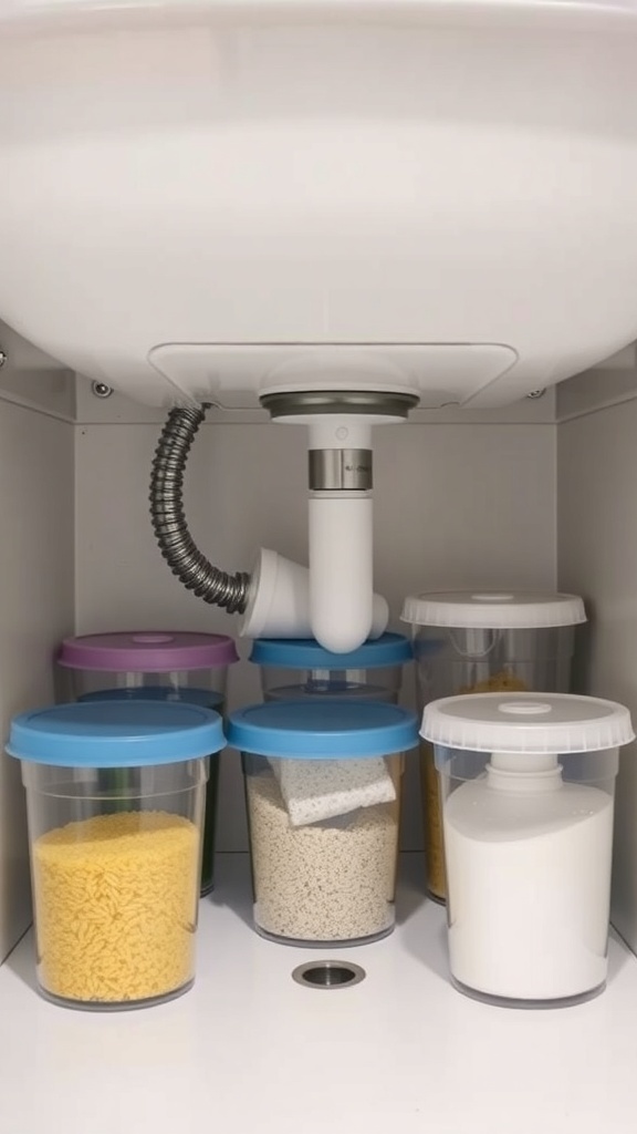 Under sink organization with clear containers holding various items.