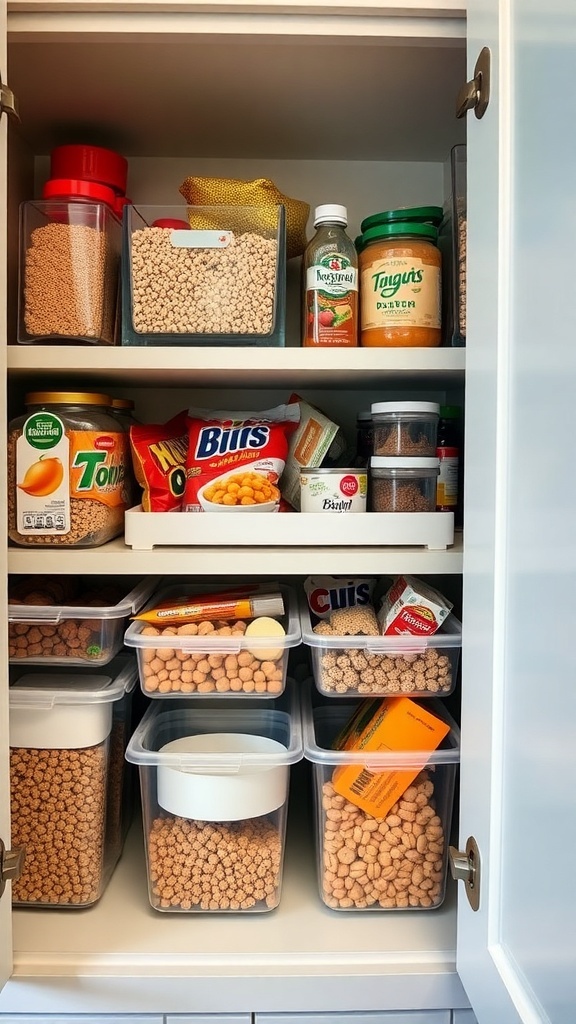 Organized kitchen cabinet with clear storage bins filled with various food items.