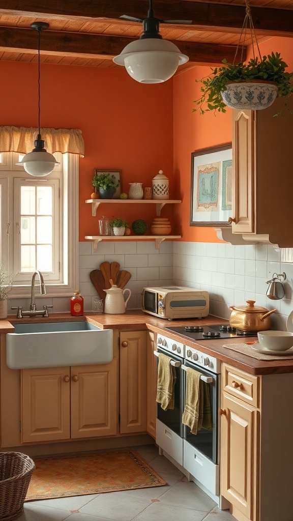 Cozy small kitchen with orange walls and warm decor.