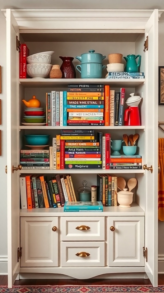 A corner cabinet filled with colorful cookbooks and kitchenware.