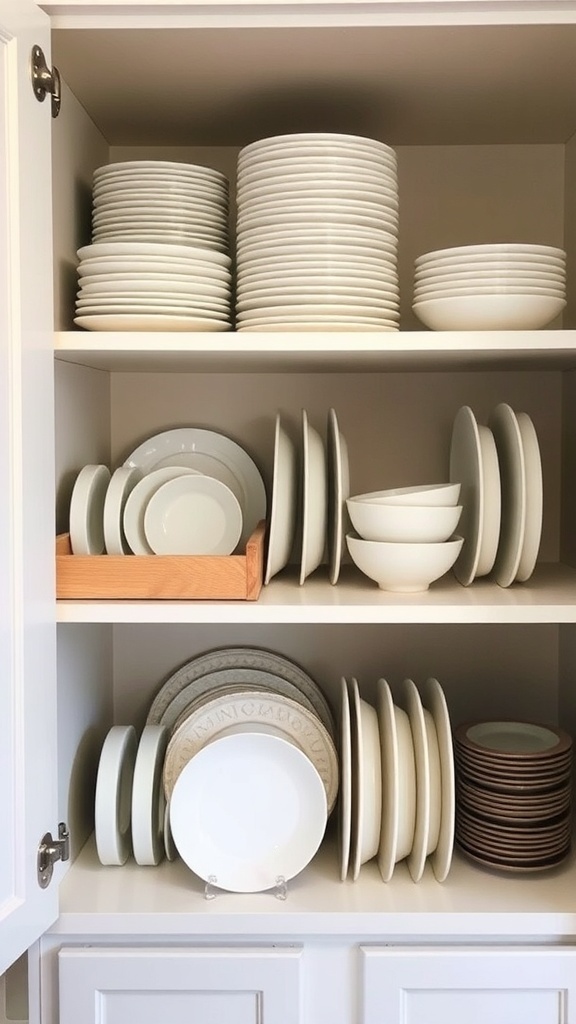 Organized corner kitchen cabinet with dishes neatly arranged using dividers.