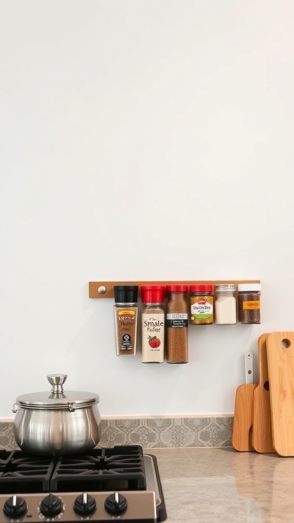 Magnetic strip with various spice jars attached to a wall in a kitchen.