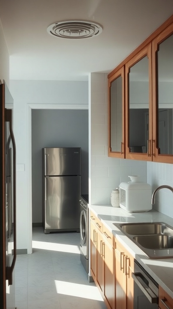 A small kitchen with wooden cabinets and a mirror on the wall.