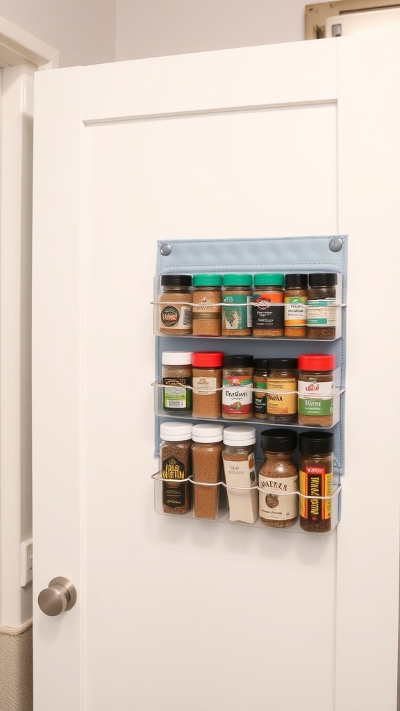 Over-the-door organizer with various spice jars attached to a cabinet door.