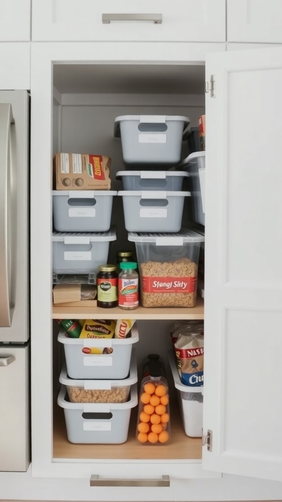 Organized kitchen cupboard with stackable bins.