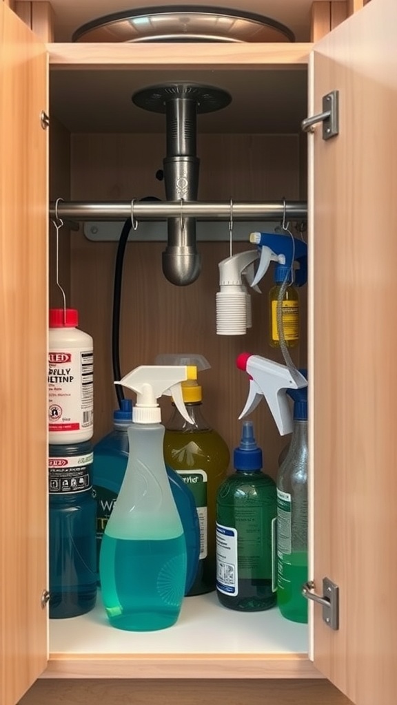 A kitchen cabinet with cleaning supplies organized using a tension rod.
