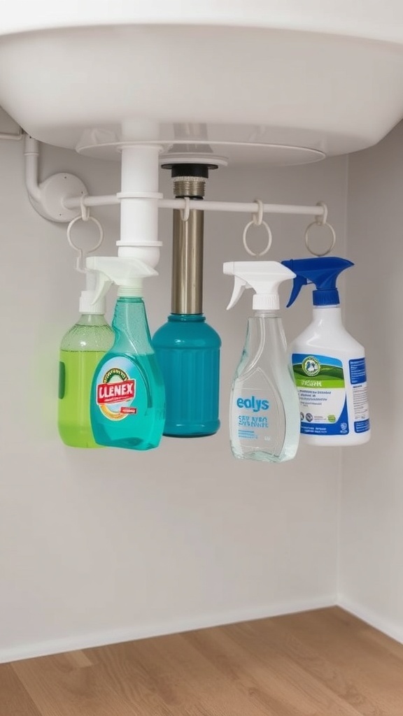 Tension rods used to organize cleaning supplies under a kitchen sink.