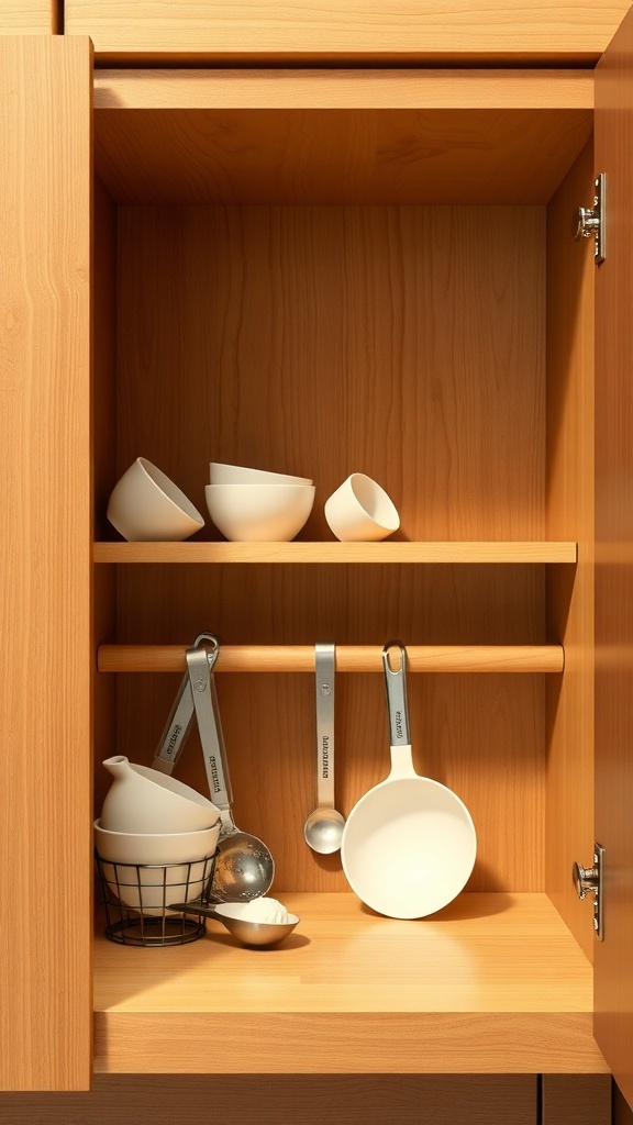 Inside of a kitchen cabinet showing bowls and measuring cups organized on a shelf and hanging on a rod.