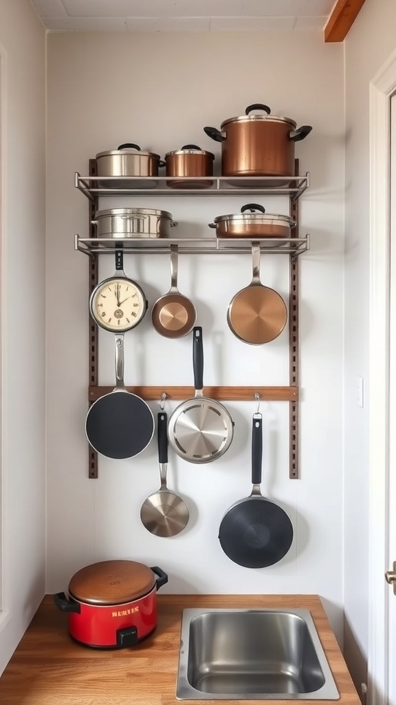 A small kitchen with wall-mounted hooks displaying pots and pans.