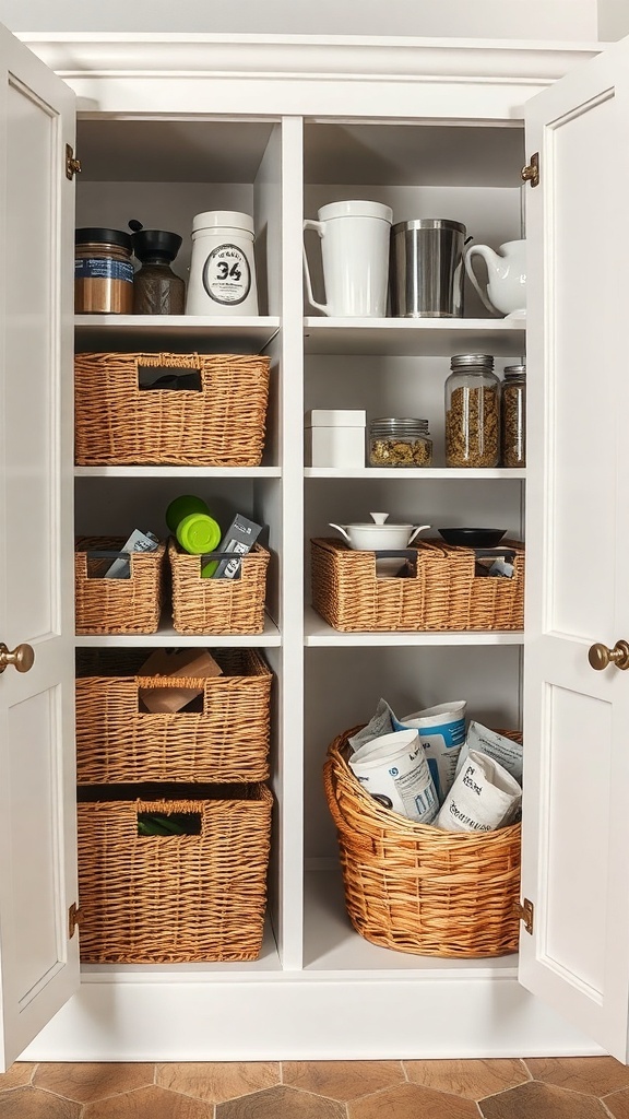 Organized corner kitchen cabinet with baskets holding various items.