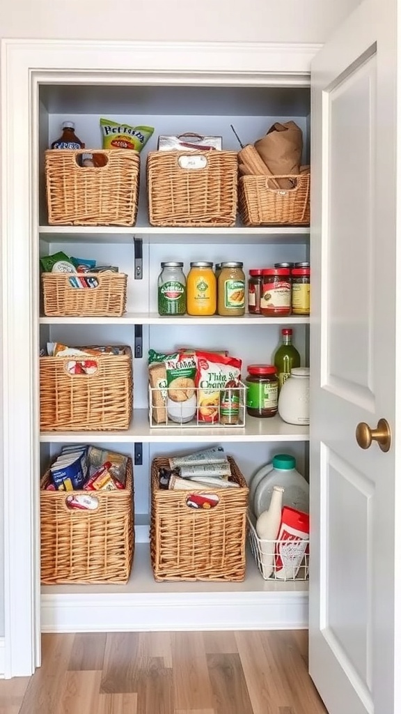 A corner kitchen pantry with shelves filled with woven baskets and jars.