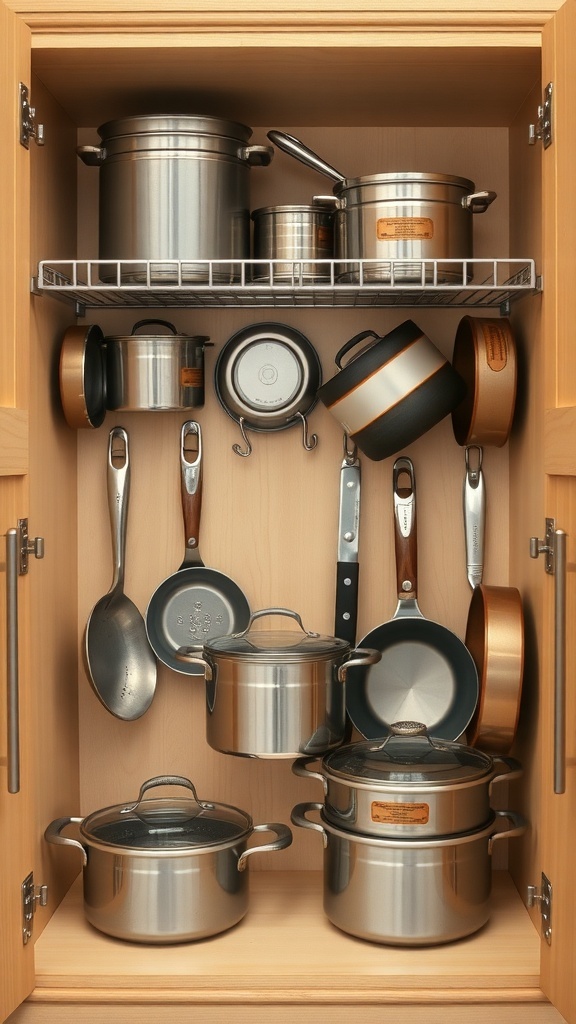 Organized kitchen cabinet with pots, pans, and utensils neatly stored.