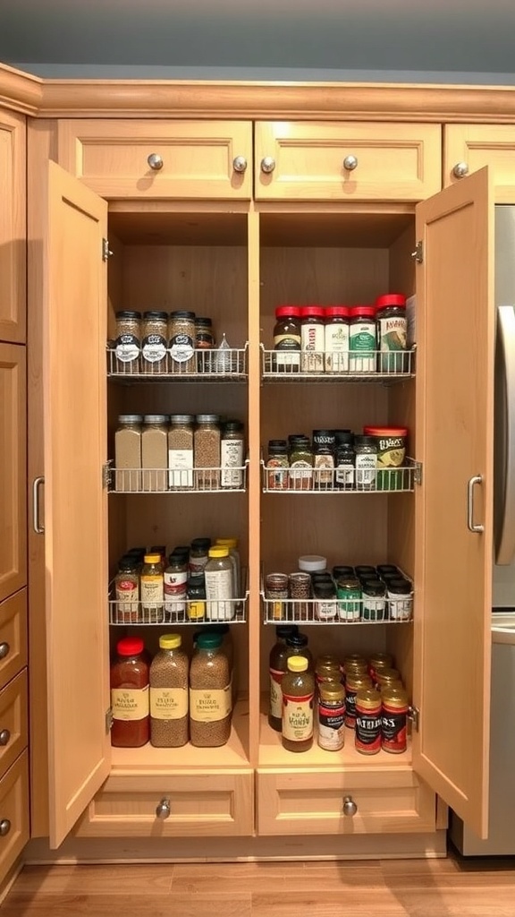 A kitchen cabinet with spices and jars organized on shelves, showcasing efficient use of space.