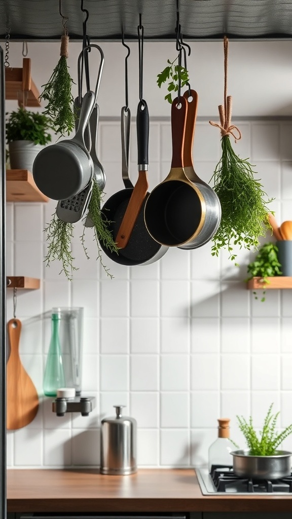 A small kitchen with pots and pans hanging from the ceiling, along with herbs.