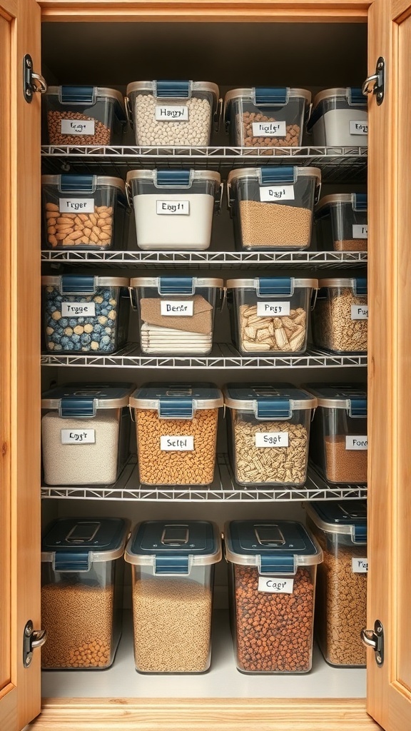 Organized kitchen cupboard with clear containers filled with various ingredients.