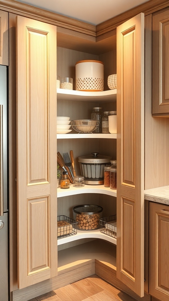 A well-organized corner cabinet with shelves holding various kitchen items.