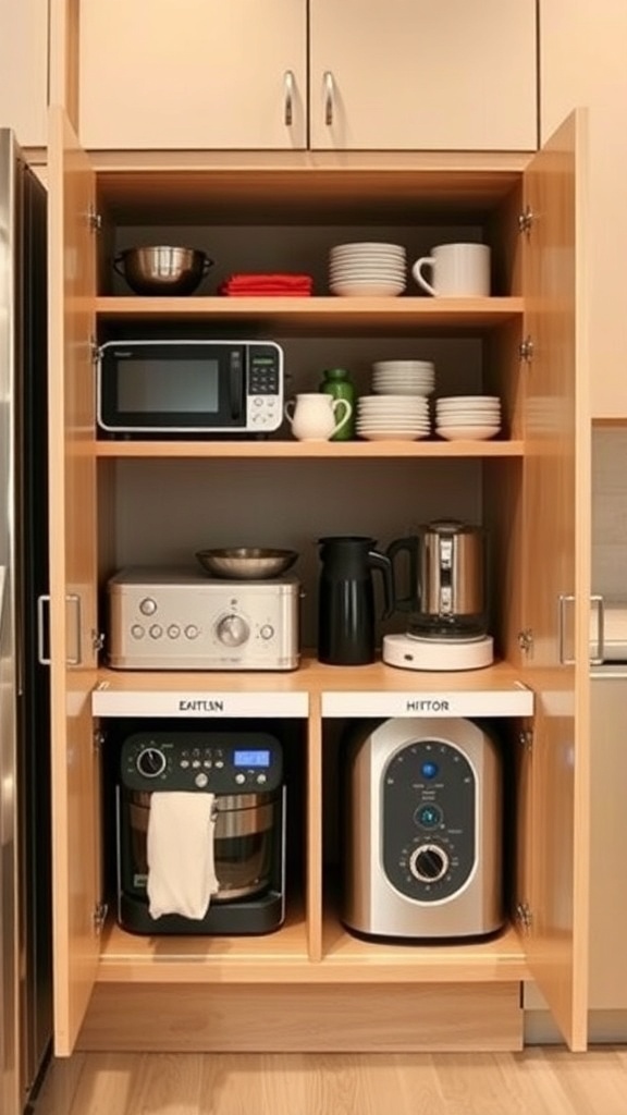 A corner cabinet with small appliances like a microwave, coffee maker, and mixer neatly arranged.
