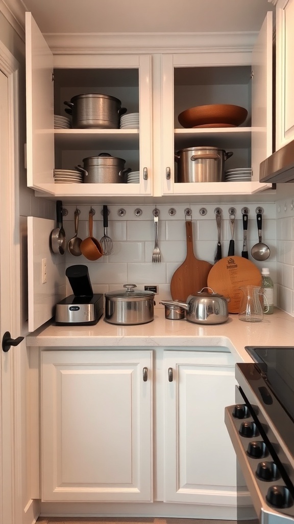 A small Indian kitchen with corner cabinets filled with pots and utensils.