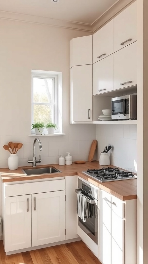 A small kitchen featuring corner cabinets, a sink, and a stove, with natural light coming through a window.