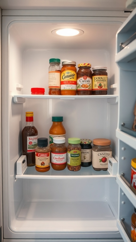 An organized fridge door with various condiments neatly arranged on the shelves.