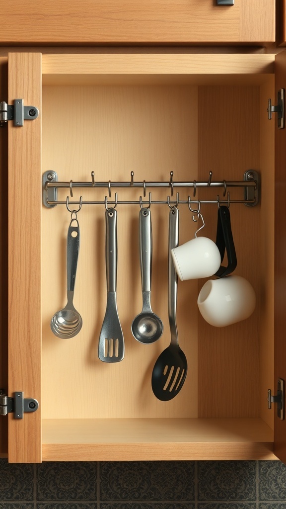 Interior of a kitchen cabinet with hooks holding utensils and cups