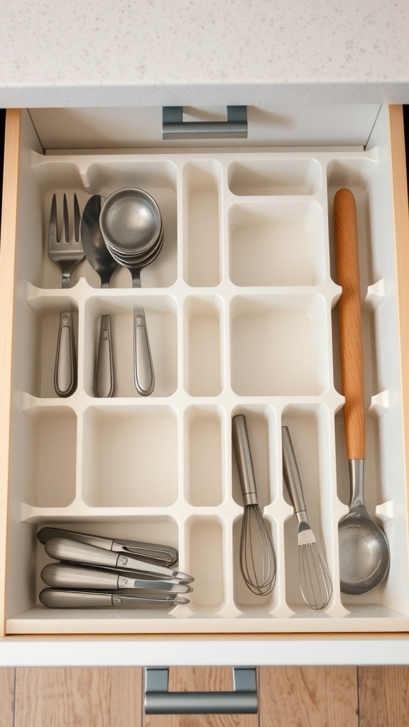 Organized kitchen drawer with dividers holding utensils and tools.