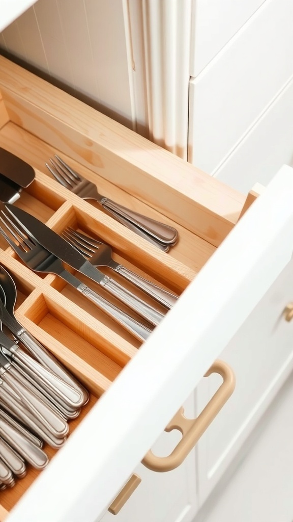 Organized cutlery in a drawer with wooden dividers.