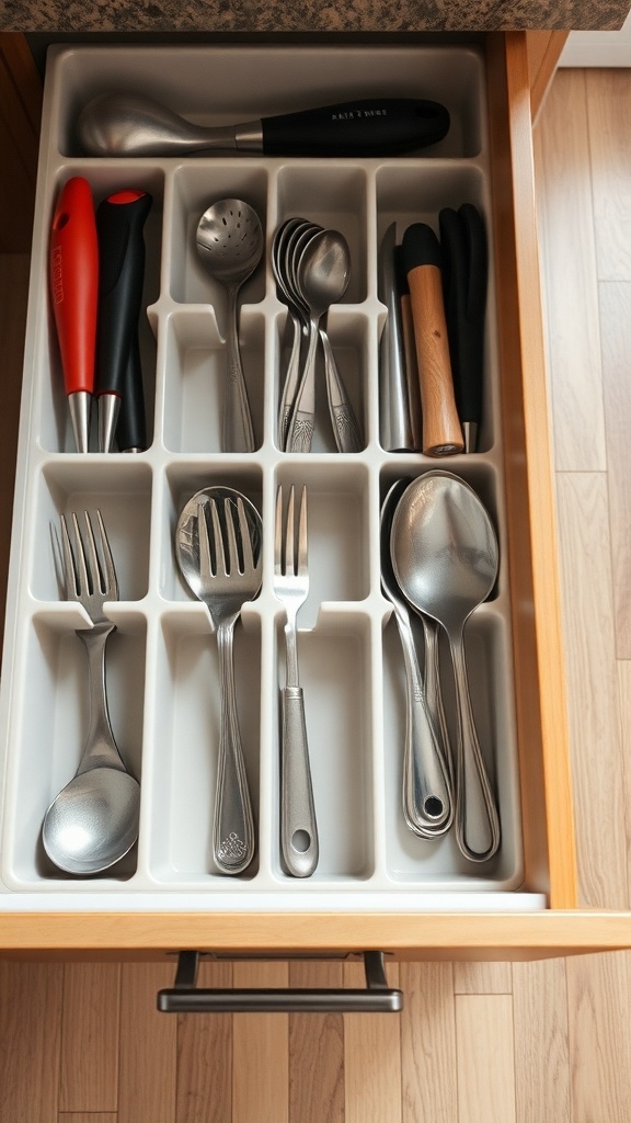 Organized kitchen drawer with utensils separated by dividers.