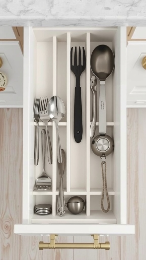 Organized kitchen drawer with utensils separated by dividers