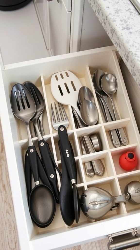 A neatly organized kitchen drawer with various utensils separated by dividers.