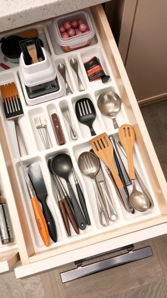 A neatly organized kitchen drawer with various utensils and tools