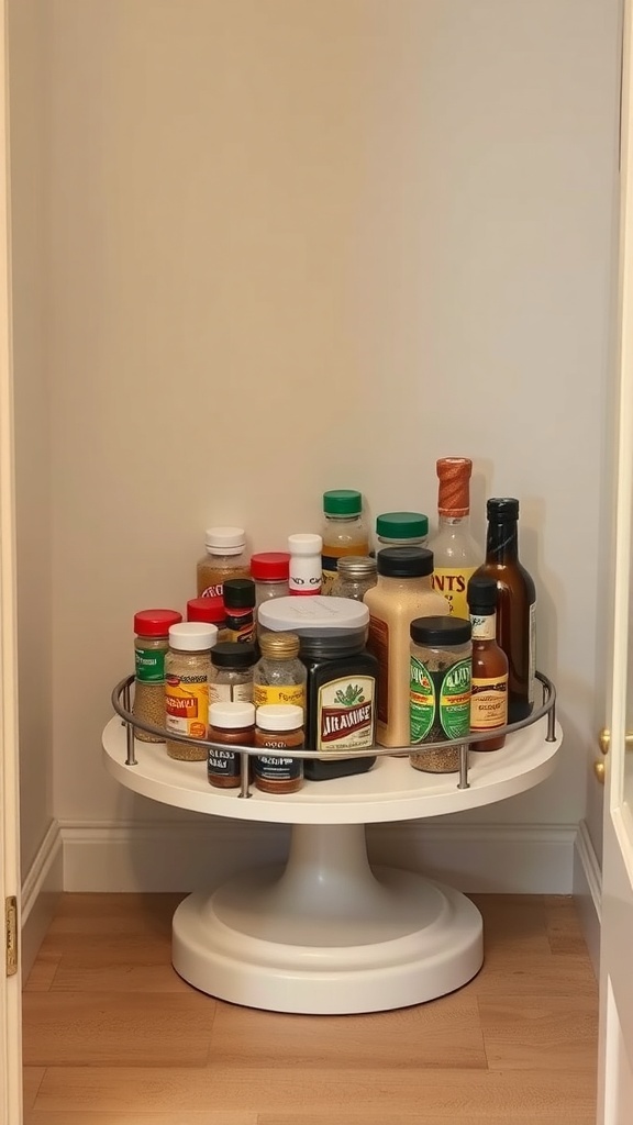 A Lazy Susan filled with various jars and bottles in a small pantry.
