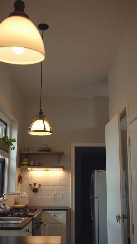 A small kitchen with pendant lights and warm lighting.